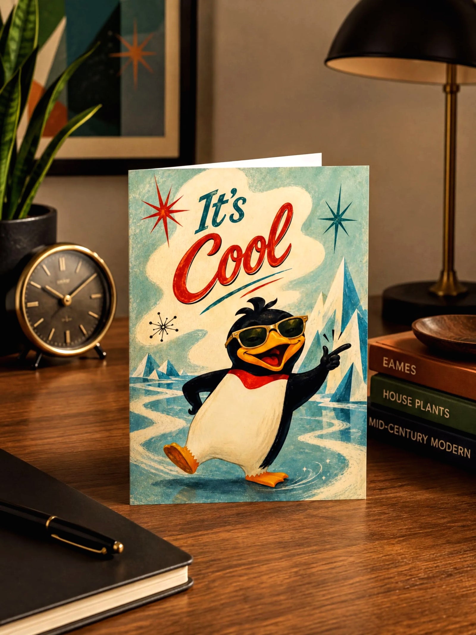 A retro-style foldable greeting card featuring a cartoon penguin wearing sunglasses and pointing, with the text 'It's Cool' on a light blue and cream background with icy mountain illustrations.