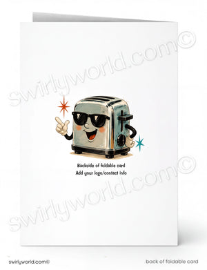 A folded greeting card shown front and back on a white background. The front features a cartoon toaster wearing sunglasses with small star accents and the text 'Backside of foldable card Add your logo/context info'.