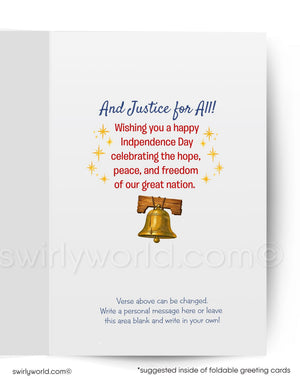 The image is a greeting card with a patriotic theme, featuring a bell and stars, and a personal message for Independence Day.