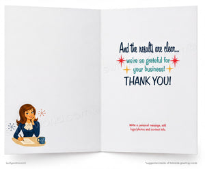 Open card with a cartoon woman, colorful text, and a cup on a white background