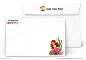 A set of printed white envelopes shown on a light gray background. The front envelope features a cartoon mermaid illustration with pink, orange, and green details near the bottom right, and the back envelope shows a printed message reading 'Thank You So Much!' with a small floral icon.