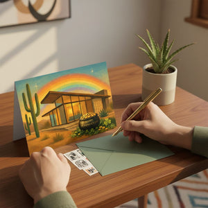 A person's hands are holding a pen and writing on a green envelope, with a greeting card featuring a desert landscape and a rainbow in the background.