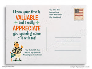 Postcard with a referee graphic and text on a white background
