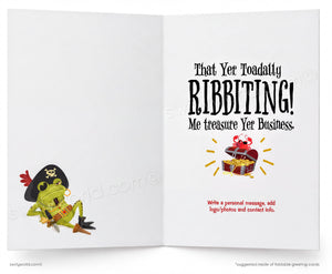 Open greeting card with a cartoon frog in a pirate hat and text 'That Yer Toadatty RIBBITTING! Me treasure Yer Business.'
