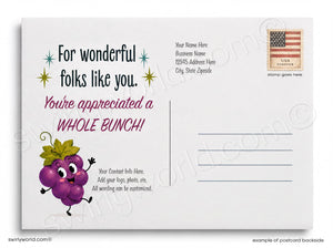 The image is a postcard with a colorful design featuring a grape character and a message that says "For wonderful Folks like you. You're appreciated a Whole Bunch!" The postcard also includes a blank space for a contact information line and a stamp that says "USA Forever".