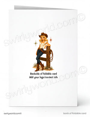 A white foldable greeting card shown front and back. The front features a western-style illustration of a woman leaning on a wooden fence with a lasso, and the back text reads 'Backside of foldable card' and 'Add your logo/contact info'.