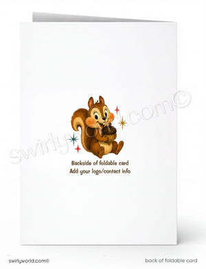 Backside of a foldable card with a cartoon squirrel design and text space for branding.