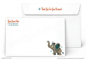 a white envelope with a playful elephant illustration on the front. The envelope has a "Thank You For Your Business!" message printed on it, and the front of the envelope displays a graphic of an elephant. The envelope is described as a "printed envelope (examples of front/back flap)" and is described as a "collage of multiple images".