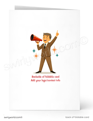 A cartoon illustration of a man in a suit holding a megaphone and pointing upwards, with a text overlay that reads "Backside of foldable card" and "Add your logo/contact info".
