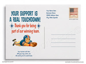 Postcard with football player design and text thanking supporters for being part of a winning team.
