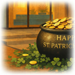 A large black pot filled with gold coins sits on a bed of green shamrocks, with a window and plants visible in the background.