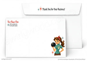 Envelopes with a retro-style illustration of a woman holding a bowling ball and text 'Thank You For Your Business!' on a white background.