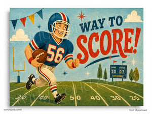 Vintage-style football poster with a player and 'Way to Score!' text on a sports field background.
