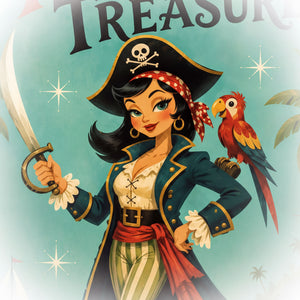 A pirate girl with a pirate hat and a parrot on her shoulder, holding a sword and standing against a blue background with stars.