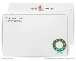 Printed envelopes with Swirly World branding and a wreath design.