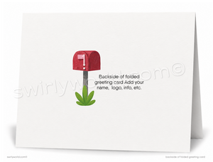 Folded greeting card shown from the back on a white background, featuring a small red mailbox with green leaves and placeholder text for personalization.