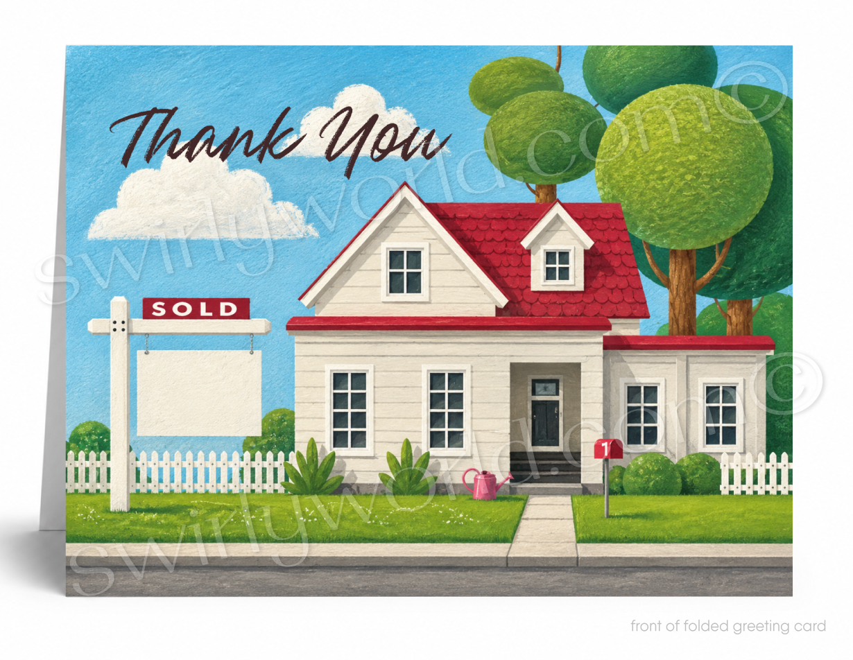 A folded greeting card shown standing upright, featuring a cartoon-style illustration of a white house with a red roof, green trees, a white picket fence, a mailbox, and a real-estate 'SOLD' sign. Large script text at the top reads 'Thank You.