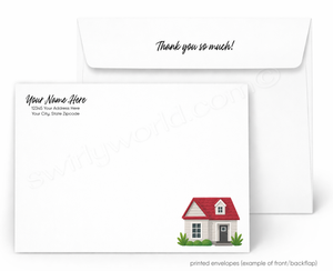A set of printed envelopes shown on a white background, with the front of one envelope displaying placeholder text and a small house illustration, and the back of another envelope showing the phrase 'Thank you so much!' in script.