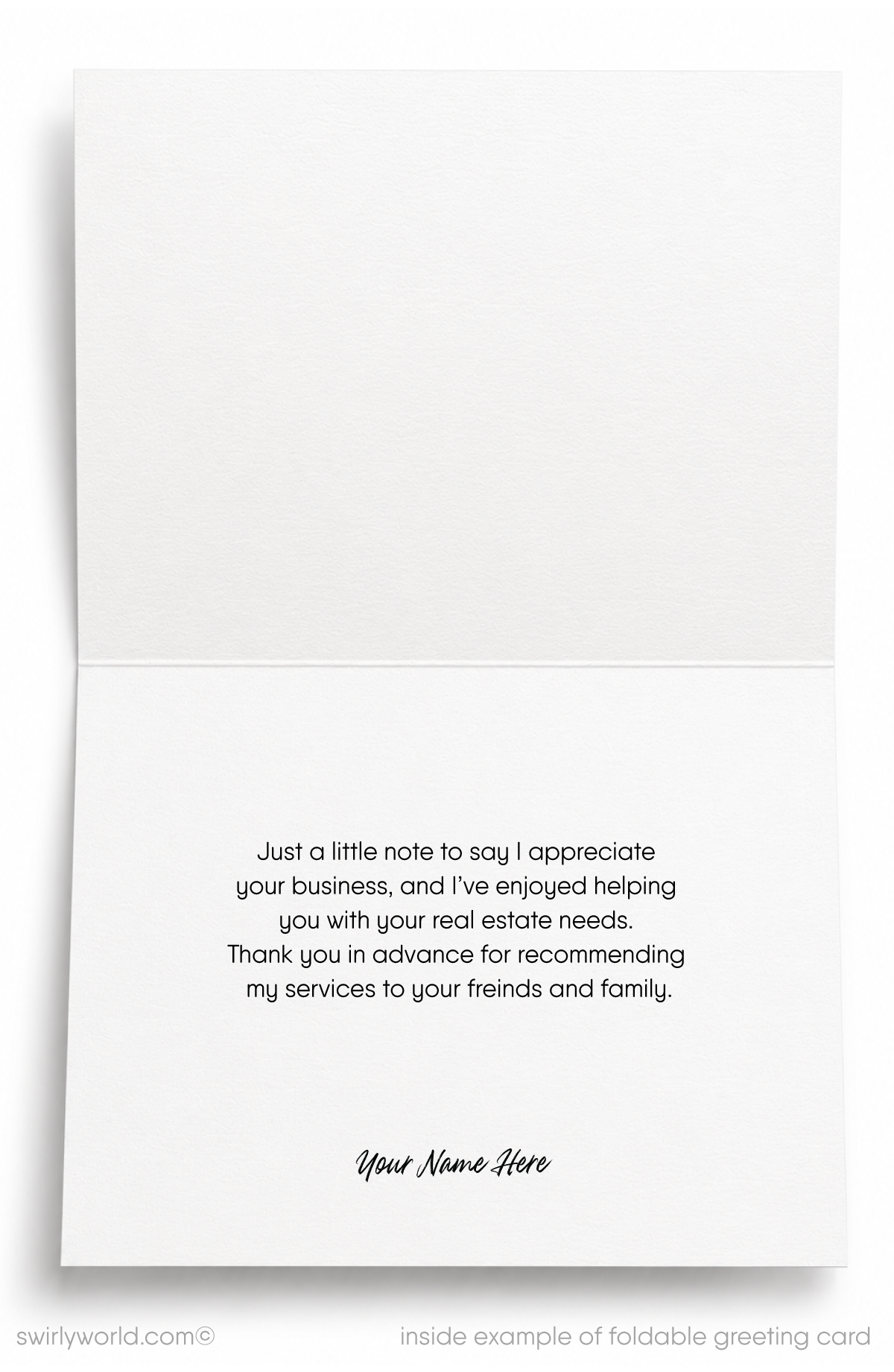 A folded greeting card shown standing upright, featuring a cartoon-style illustration of a white house with a red roof, green trees, a white picket fence, a mailbox, and a real-estate 'SOLD' sign. Large script text at the top reads 'Thank You.