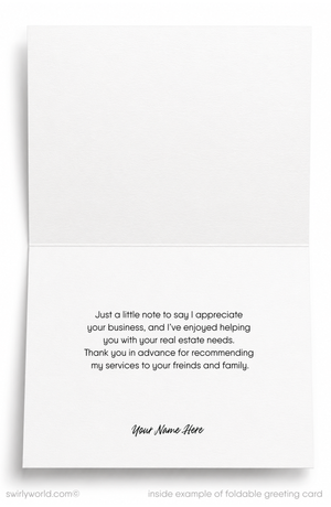 A folded white greeting card shown open, with printed black text on the inside. The card includes placeholder text for a note of appreciation and a signature line, photographed on a white background with small website text along the bottom edge.