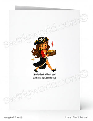 A white foldable card shown front and back. The front features a cartoon pirate girl in a black hat and skirt carrying a treasure chest, with small text below.