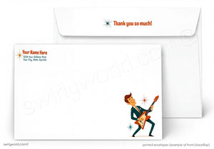 A set of printed envelopes shown on a white background, with the front of one envelope visible in front and the back flap of another behind it. The front envelope has a small illustrated guitarist in a suit near the lower right and placeholder text in the lower left.