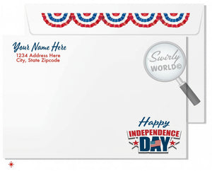 The image is a white envelope with a magnifying glass and a "Happy Independence Day" stamp, along with a "Swirly World" logo.