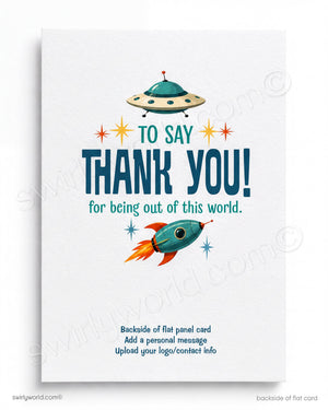 Space-themed thank you card with a UFO and rocket ship on a white background