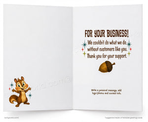 Open card with cartoon chipmunk and acorn, thanking customers for their business.