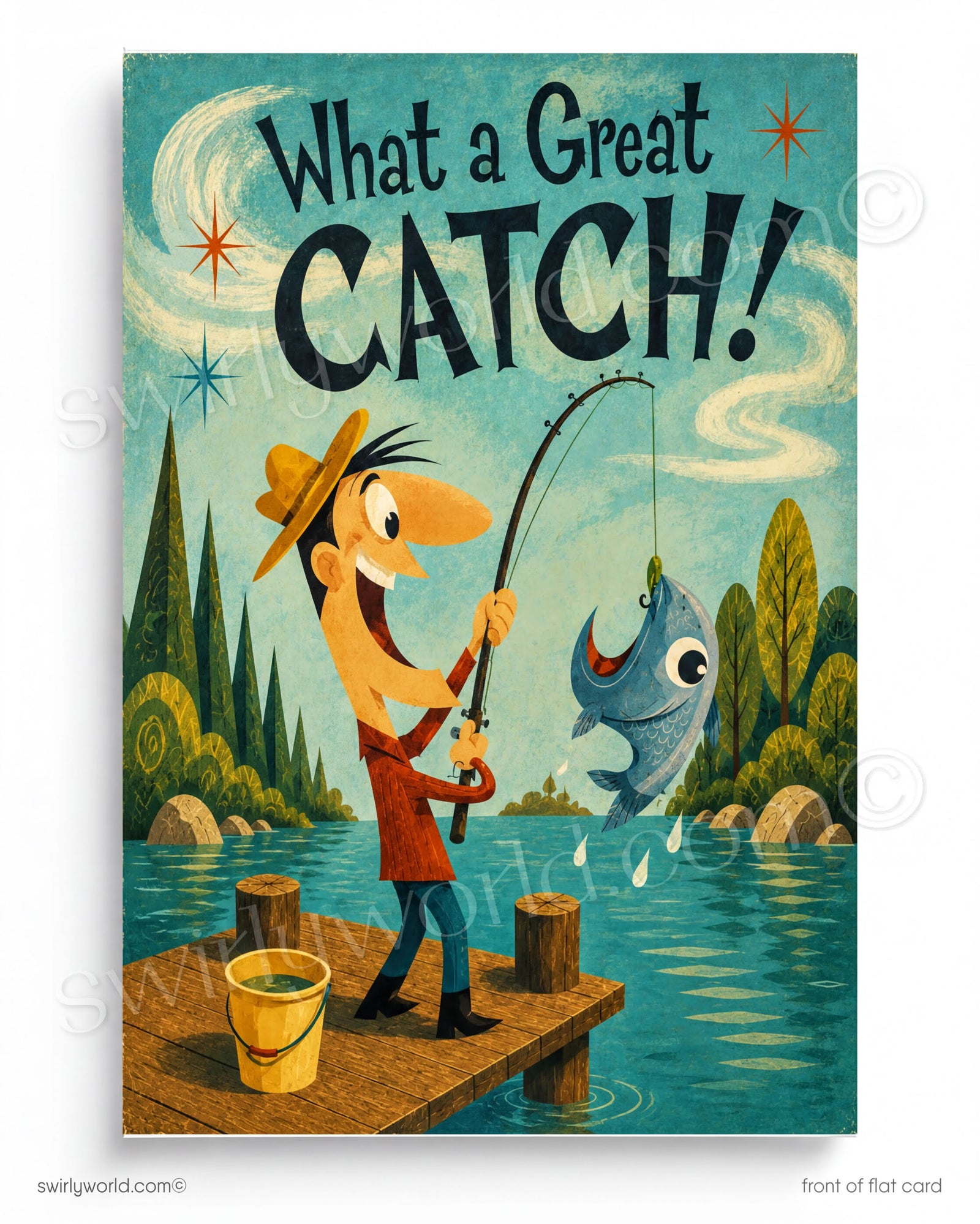 Illustration of a cartoon character fishing with a large fish and text 'What a Great Catch!' on a scenic background.