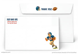 Football-themed thank you card with player illustration and customizable text area.