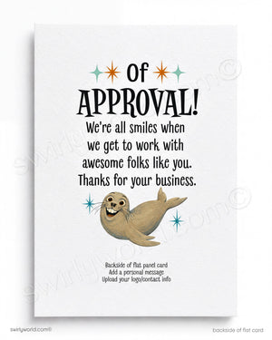 Card with a seal illustration and text about approval and business, on a white background.
