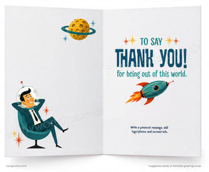 Open card with astronaut, planet, and rocket illustration with 'Thank You' message.
