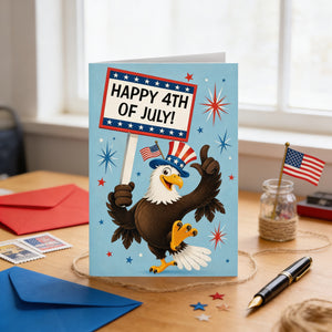 A greeting card with an illustration of an eagle wearing a patriotic hat and holding a sign that says "Happy 4th of July!" The card is placed on a desk with various items such as a pen, a jar, and some American flags.