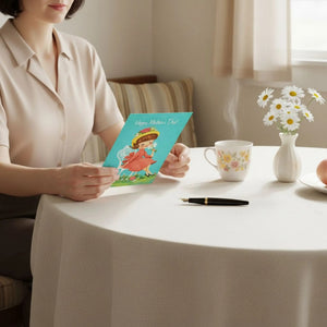 A woman is sitting at a table, holding a card with a picture of a girl on it. The table has a vase of flowers, a cup, and a pen.