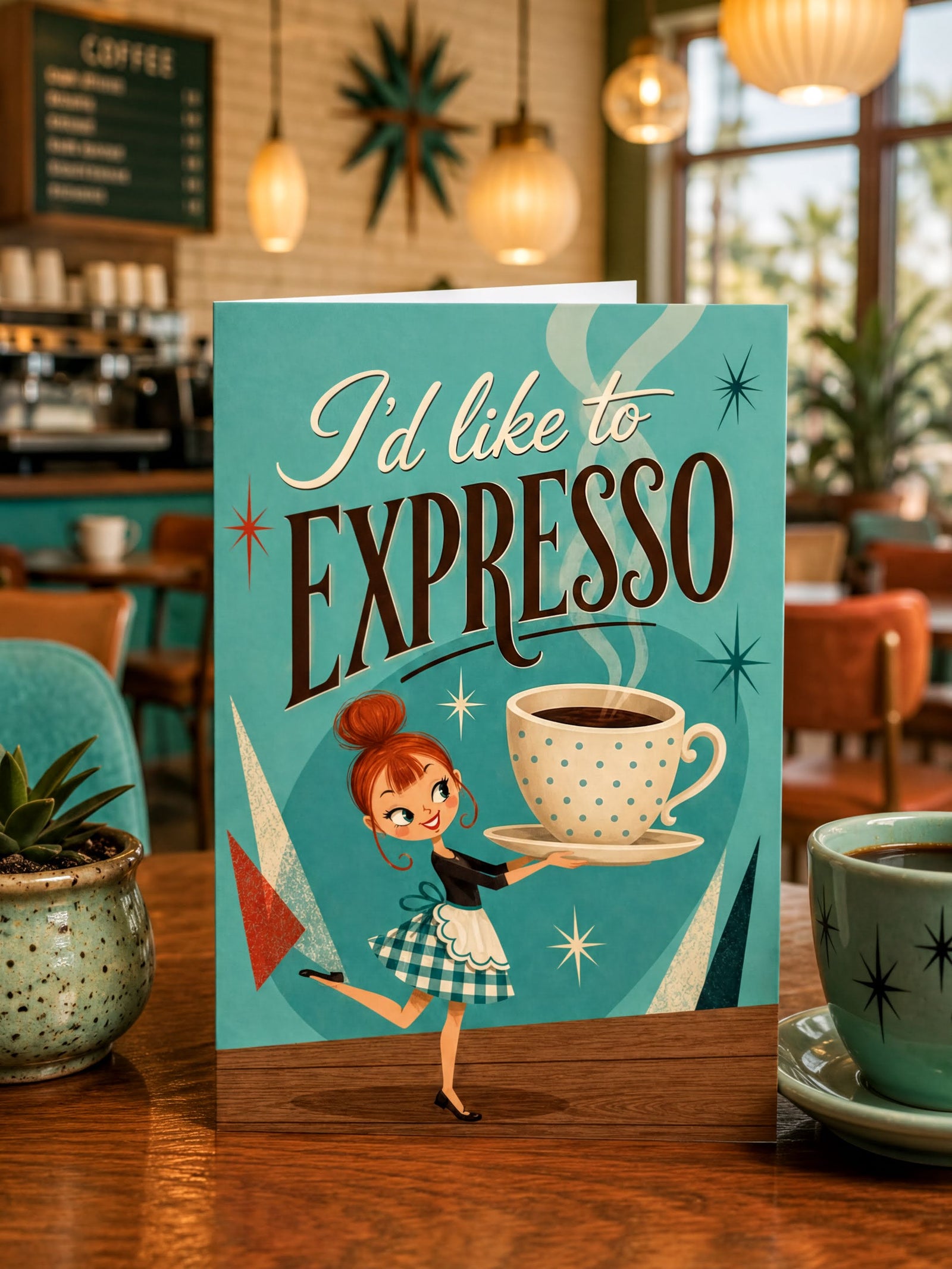 The image is a card with a cartoon illustration of a woman holding a large coffee cup. The text on the card says "I'd like to EXPRESSO" and there are stars and a steam effect in the background.