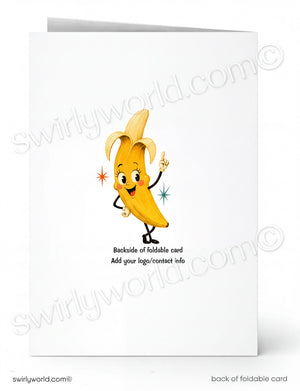A cartoon banana character with a friendly expression and a raised finger, accompanied by text that reads "Backside of foldable card. Add your logo/contact info."