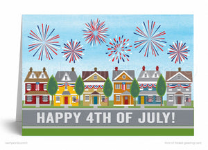 A colorful illustration of a neighborhood with houses decorated for the 4th of July, featuring fireworks in the sky.