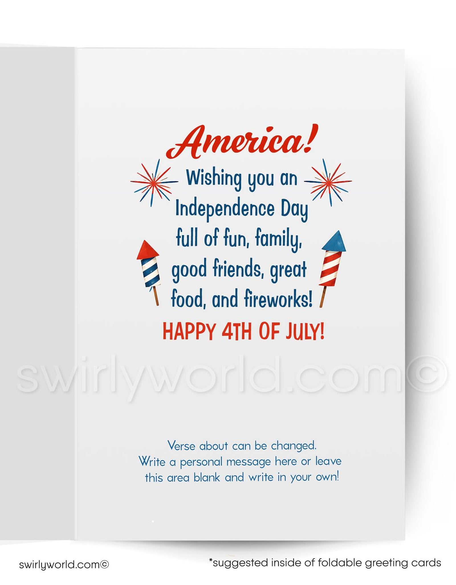 Birthday card with a woman in an American flag hat holding balloons and opening a door.