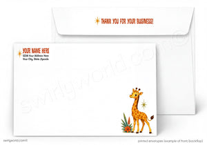 Custom printed white envelopes shown on a light gray background, with one envelope in front displaying a cartoon giraffe illustration and sample text, and another envelope behind showing the back with orange business card text reading 'THANK YOU FOR YOUR BUSINESS!'.