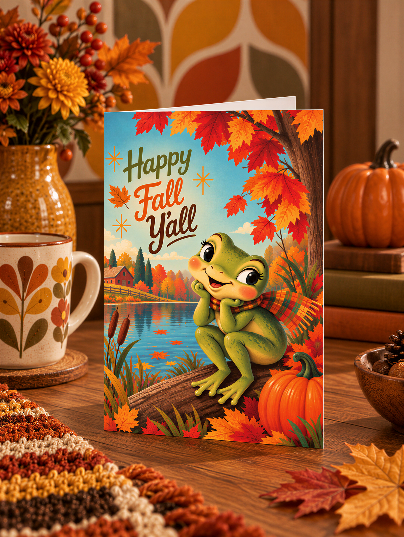 A happy fall greeting card featuring a cartoon frog sitting on a log by a lake, surrounded by colorful autumn leaves and a pumpkin.