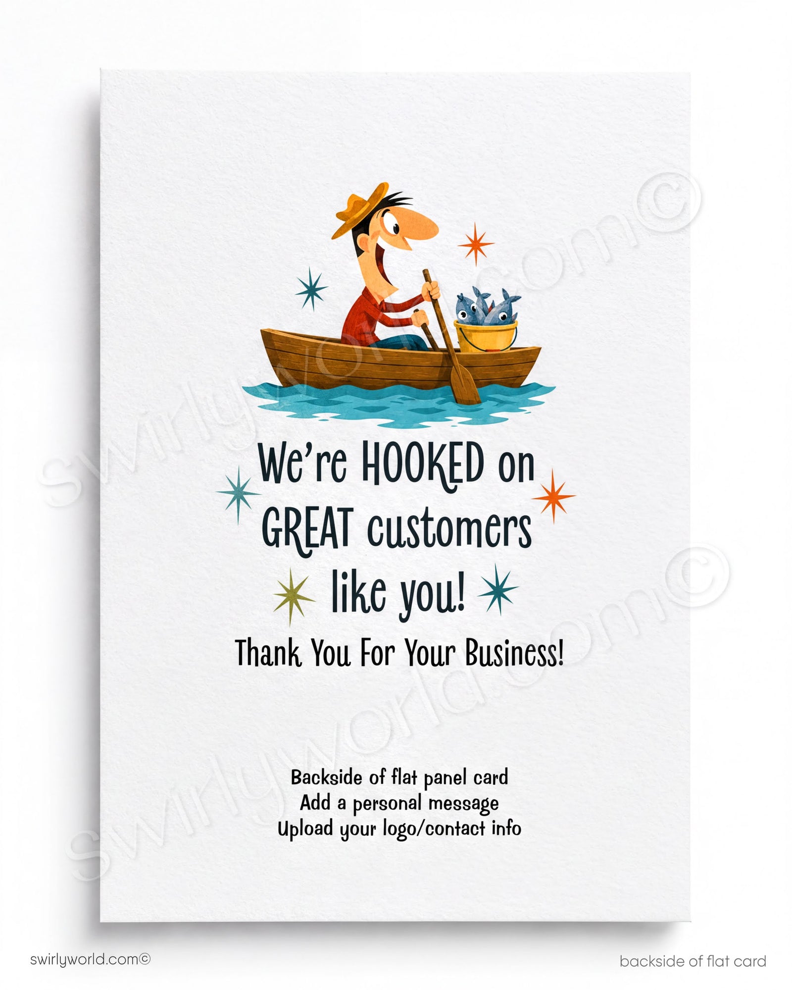 Illustration of a cartoon character fishing with a large fish and text 'What a Great Catch!' on a scenic background.