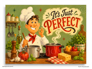 Cartoon chef in a kitchen with cooking utensils and ingredients, featuring the text 'It's Just Perfect'.
