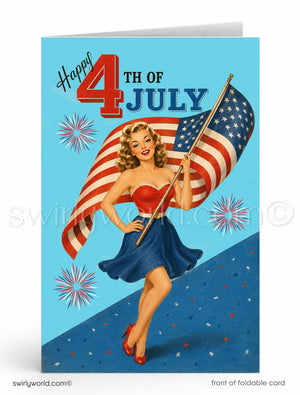 A vintage-style illustration of a woman holding an American flag, celebrating the 4th of July.