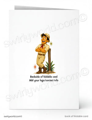 A white foldable greeting card shown front and back on a light gray background. The front features a cartoon safari guide leaning on a post with the text 'Backside of foldable card Add your logo/contact info.