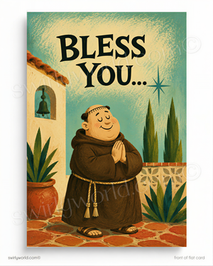 A cartoon image of a smiling man in a brown robe, kneeling and praying, with a bell and a star in the background. The text "Bless You..." is displayed above the man.