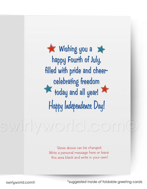 a greeting card with a patriotic message for the Fourth of July, wishing the recipient a happy and freedom-filled holiday. The card suggests that the message can be personalized and written above the blank area to create a unique greeting.