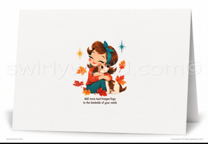 A cartoon illustration of a young girl hugging a dog surrounded by autumn leaves.