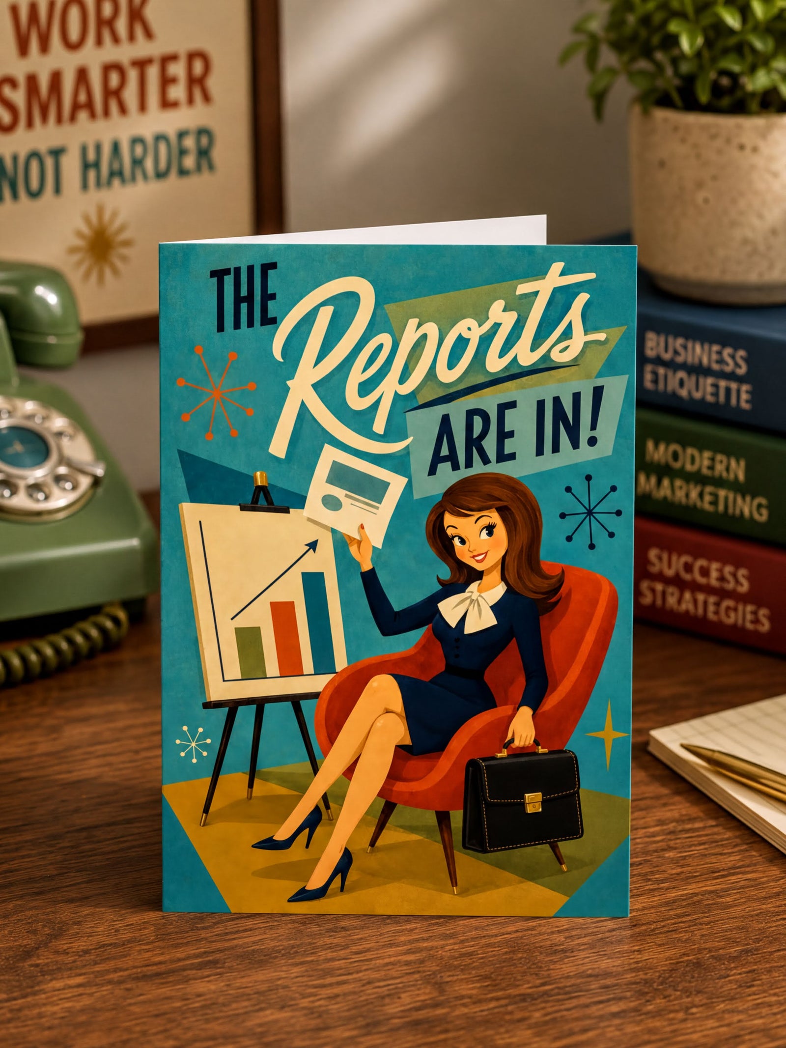 Vintage-style greeting card with a woman in a chair holding a briefcase, next to a chart and text 'The Reports Are In!'.