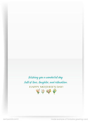 The image is a blank greeting card with a message wishing a wonderful day full of love, laughter, and relaxation on Mother's Day.
